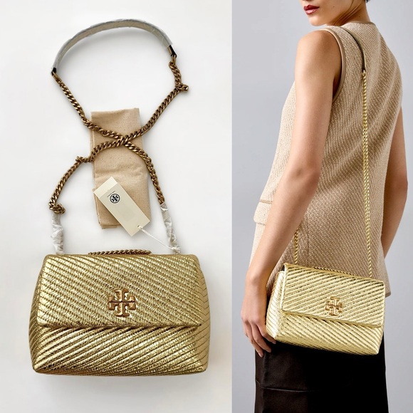 Tory Burch Handbags - ✨New TORY BURCH Kira Small Moto Quilt Metallic Convertible Shoulder Bag Gold NWT